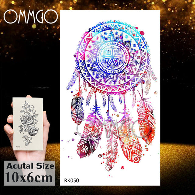 OMMGO Dream Catcher Watercolor Temporary Tattoos Sticker Feather Tribal Custom Tattoo Body Art Arm Fake Tatoos Galaxy Sexy DIY