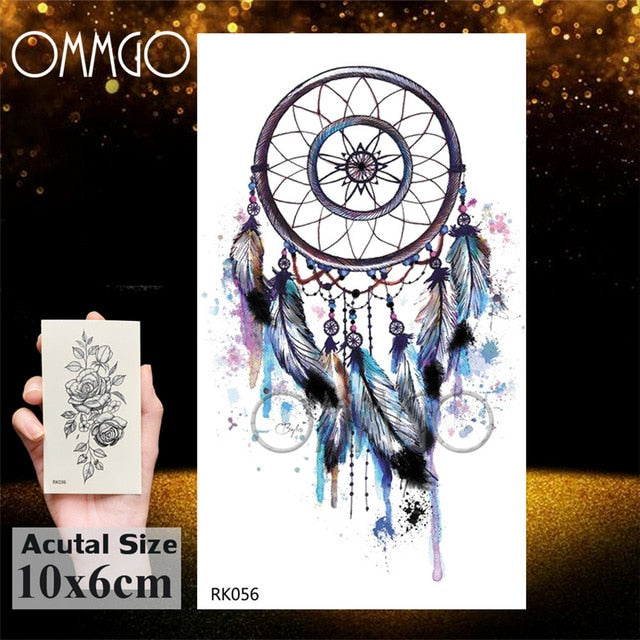 OMMGO Dream Catcher Watercolor Temporary Tattoos Sticker Feather Tribal Custom Tattoo Body Art Arm Fake Tatoos Galaxy Sexy DIY