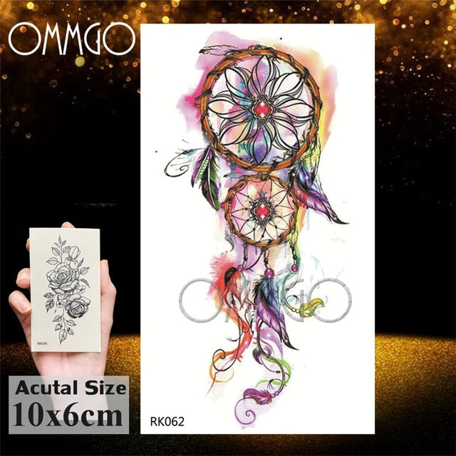 OMMGO Dream Catcher Watercolor Temporary Tattoos Sticker Feather Tribal Custom Tattoo Body Art Arm Fake Tatoos Galaxy Sexy DIY
