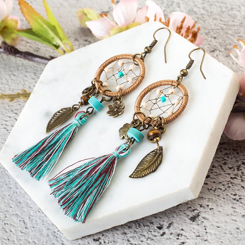 New Bohemian Dream Catcher Tassel Earrings For Women Fashion Boho Ethnic Green Long Fringed Dangle Earring Charm Jewelry Acces
