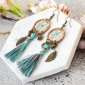 New Bohemian Dream Catcher Tassel Earrings For Women Fashion Boho Ethnic Green Long Fringed Dangle Earring Charm Jewelry Acces