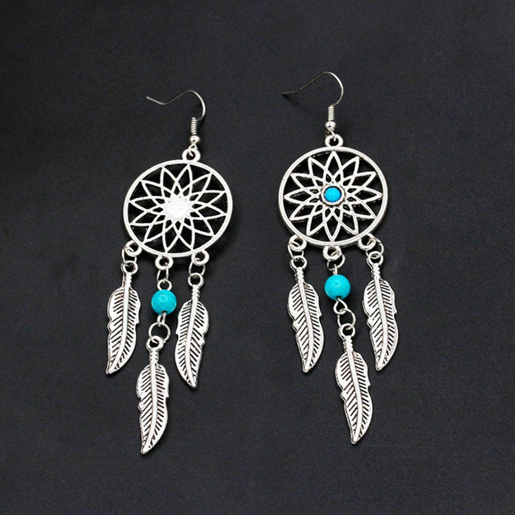 Silver Plated Bohemia Feather Dream Catcher Dreamcatcher Drop Earrings For Women Jewelry