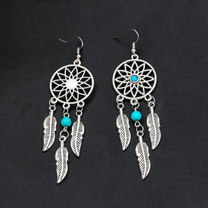 Silver Plated Bohemia Feather Dream Catcher Dreamcatcher Drop Earrings For Women Jewelry