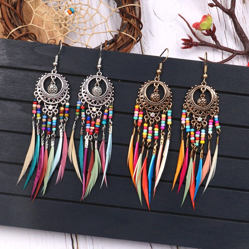 Dream Catcher Tribal Aztec Hippy Earring Imitation Feather Tassel Earrings Fashion Bohemian Women Jewelry