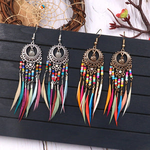 Dream Catcher Tribal Aztec Hippy Earring Imitation Feather Tassel Earrings Fashion Bohemian Women Jewelry