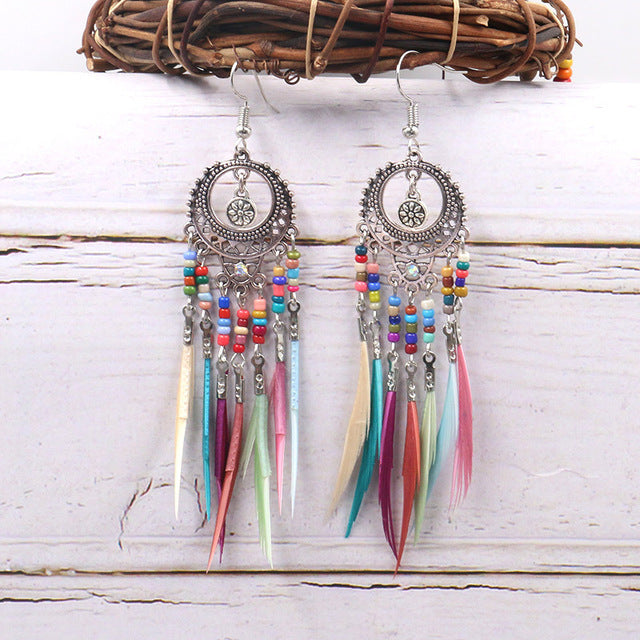 Dream Catcher Tribal Aztec Hippy Earring Imitation Feather Tassel Earrings Fashion Bohemian Women Jewelry