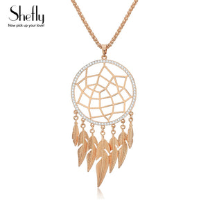 Shefly Long Necklace Big Leaf Feather Tassel Gold Pendant Hollow Jewelry Dream Catcher Necklace For Women Gift collier boheme