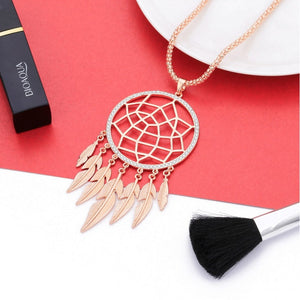 Shefly Long Necklace Big Leaf Feather Tassel Gold Pendant Hollow Jewelry Dream Catcher Necklace For Women Gift collier boheme
