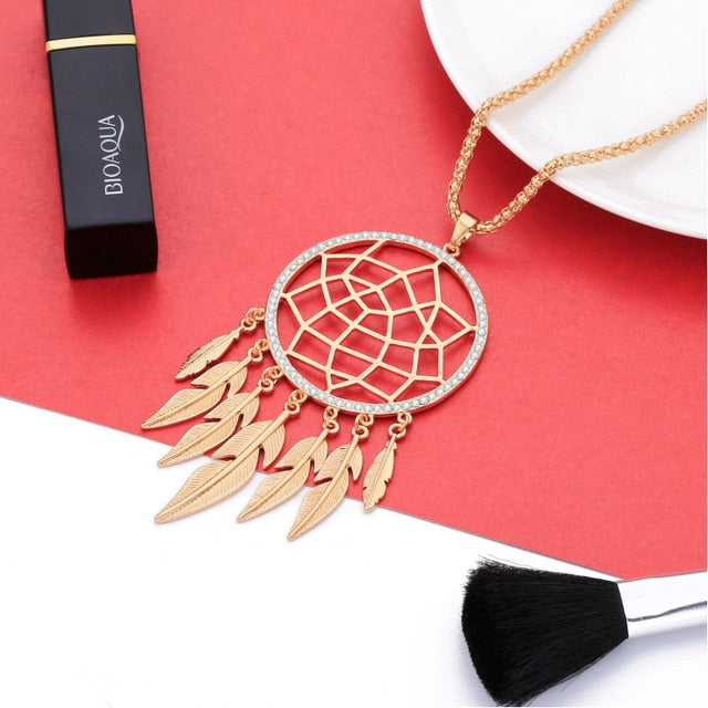 Shefly Long Necklace Big Leaf Feather Tassel Gold Pendant Hollow Jewelry Dream Catcher Necklace For Women Gift collier boheme