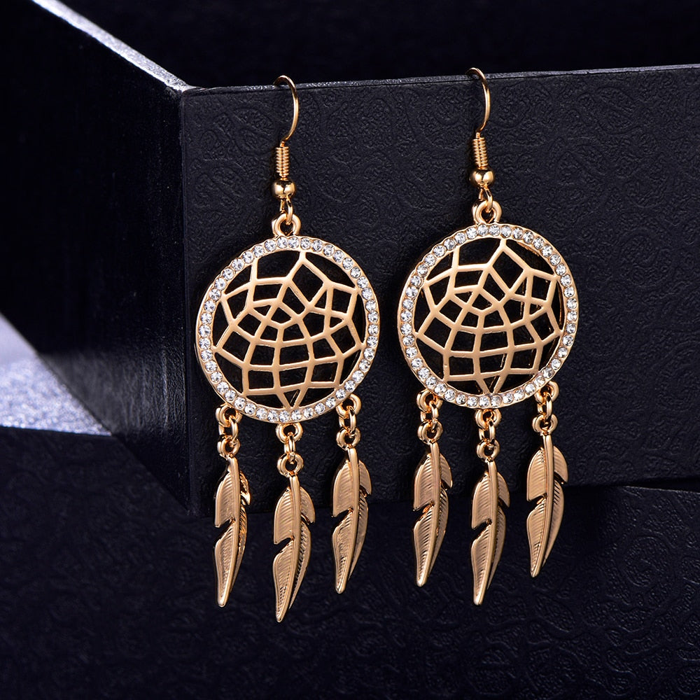 Women's Dream Catcher Drop Earrings Gold Silver Color Tassel Leaf Crystal Female Jewelry Big Long Earring Accessory Gift 2020