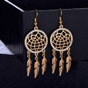 Women's Dream Catcher Drop Earrings Gold Silver Color Tassel Leaf Crystal Female Jewelry Big Long Earring Accessory Gift 2020