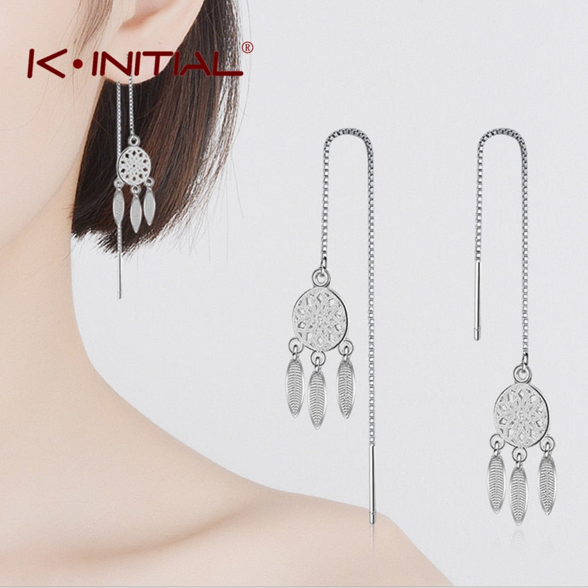Kinitial New Dream Catcher Drop Earrings for Women Fashion Chain Tassel Dangle Feather Statement Earring Charm Jewelry