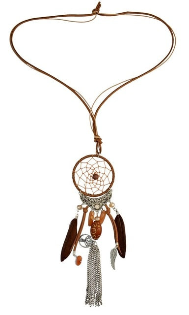 Bohemian Dream Catcher Necklace Bib Wings Charm Feather Leather Resin Bead Tassel Pendant Necklace Women Girls Indian Jewelry