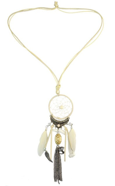 Bohemian Dream Catcher Necklace Bib Wings Charm Feather Leather Resin Bead Tassel Pendant Necklace Women Girls Indian Jewelry