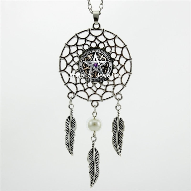 -00578 Trendy Style Wiccan Necklace Black Magick Pagan Pentagram Jewelry Novel Dream Catcher Necklace