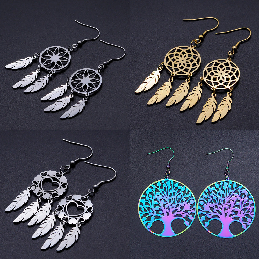 Bohemia Fashion Dream Catcher Drop Earring for Women Wholesale 100% Stainless Steel Boho Feather Lotus  Jewelry Dropshipping