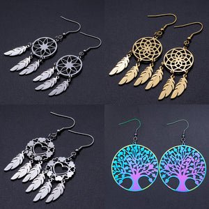 Bohemia Fashion Dream Catcher Drop Earring for Women Wholesale 100% Stainless Steel Boho Feather Lotus  Jewelry Dropshipping