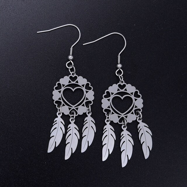 Bohemia Fashion Dream Catcher Drop Earring for Women Wholesale 100% Stainless Steel Boho Feather Lotus  Jewelry Dropshipping