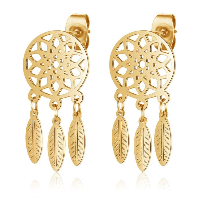 Bohemia Fashion Dream Catcher Drop Earring for Women Wholesale 100% Stainless Steel Boho Feather Lotus  Jewelry Dropshipping