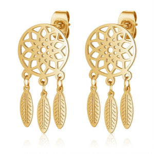 Bohemia Fashion Dream Catcher Drop Earring for Women Wholesale 100% Stainless Steel Boho Feather Lotus  Jewelry Dropshipping