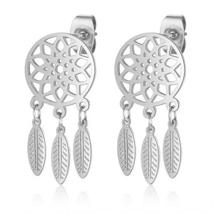 Bohemia Fashion Dream Catcher Drop Earring for Women Wholesale 100% Stainless Steel Boho Feather Lotus  Jewelry Dropshipping