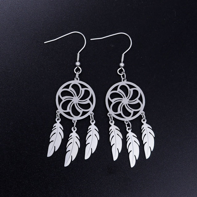 Bohemia Fashion Dream Catcher Drop Earring for Women Wholesale 100% Stainless Steel Boho Feather Lotus  Jewelry Dropshipping