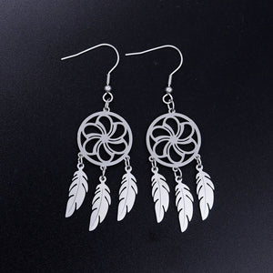 Bohemia Fashion Dream Catcher Drop Earring for Women Wholesale 100% Stainless Steel Boho Feather Lotus  Jewelry Dropshipping