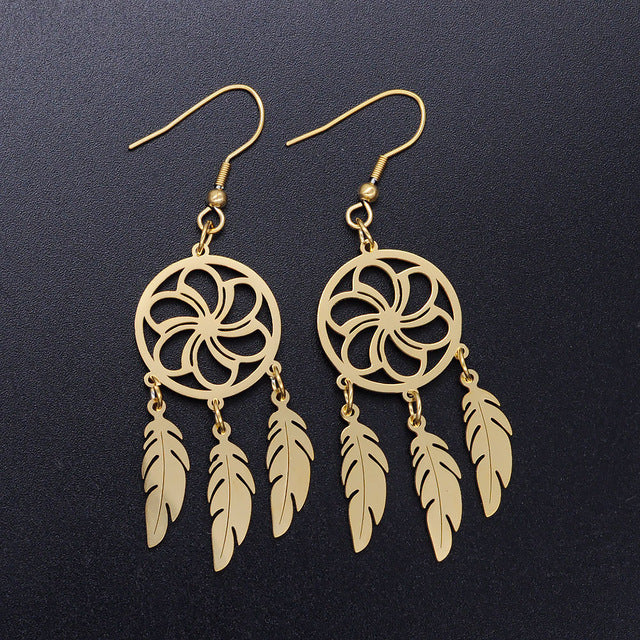 Bohemia Fashion Dream Catcher Drop Earring for Women Wholesale 100% Stainless Steel Boho Feather Lotus  Jewelry Dropshipping