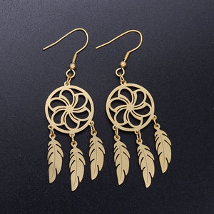Bohemia Fashion Dream Catcher Drop Earring for Women Wholesale 100% Stainless Steel Boho Feather Lotus  Jewelry Dropshipping