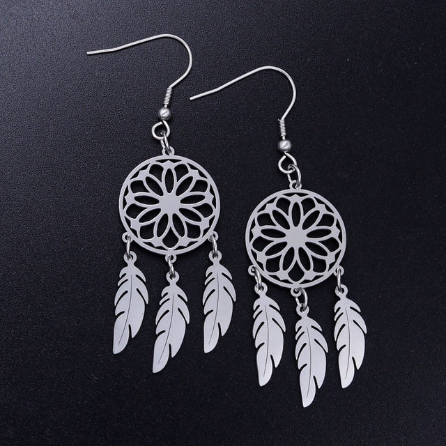 Bohemia Fashion Dream Catcher Drop Earring for Women Wholesale 100% Stainless Steel Boho Feather Lotus  Jewelry Dropshipping