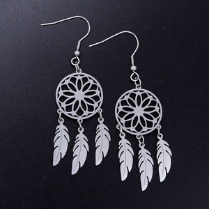 Bohemia Fashion Dream Catcher Drop Earring for Women Wholesale 100% Stainless Steel Boho Feather Lotus  Jewelry Dropshipping