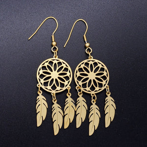 Bohemia Fashion Dream Catcher Drop Earring for Women Wholesale 100% Stainless Steel Boho Feather Lotus  Jewelry Dropshipping