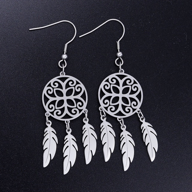 Bohemia Fashion Dream Catcher Drop Earring for Women Wholesale 100% Stainless Steel Boho Feather Lotus  Jewelry Dropshipping