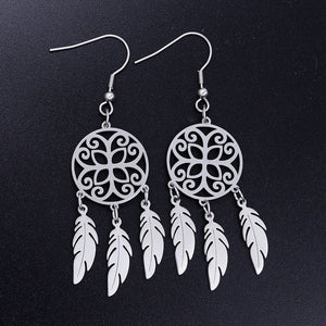 Bohemia Fashion Dream Catcher Drop Earring for Women Wholesale 100% Stainless Steel Boho Feather Lotus  Jewelry Dropshipping