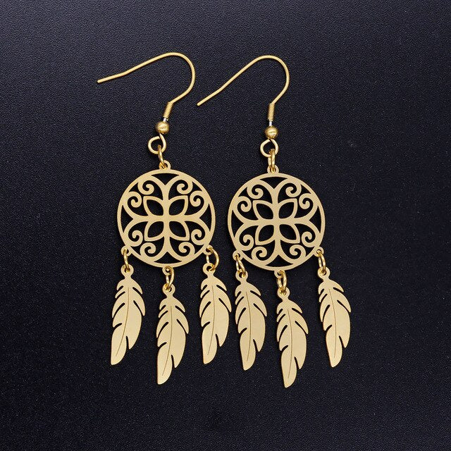 Bohemia Fashion Dream Catcher Drop Earring for Women Wholesale 100% Stainless Steel Boho Feather Lotus  Jewelry Dropshipping