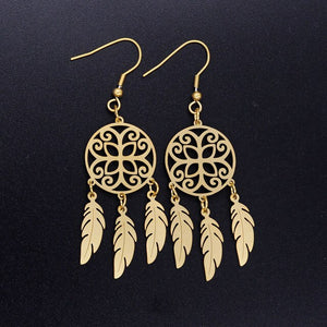 Bohemia Fashion Dream Catcher Drop Earring for Women Wholesale 100% Stainless Steel Boho Feather Lotus  Jewelry Dropshipping