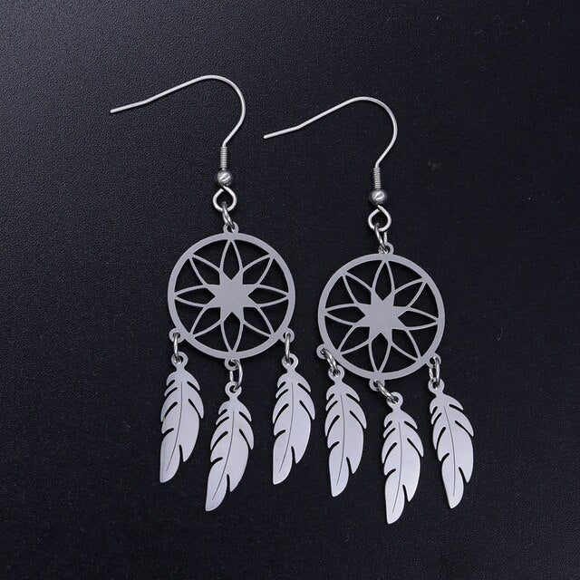 Bohemia Fashion Dream Catcher Drop Earring for Women Wholesale 100% Stainless Steel Boho Feather Lotus  Jewelry Dropshipping