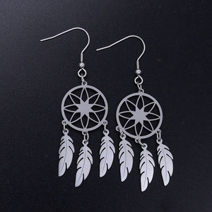 Bohemia Fashion Dream Catcher Drop Earring for Women Wholesale 100% Stainless Steel Boho Feather Lotus  Jewelry Dropshipping