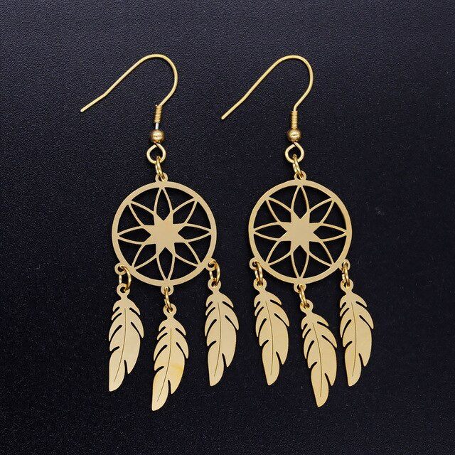 Bohemia Fashion Dream Catcher Drop Earring for Women Wholesale 100% Stainless Steel Boho Feather Lotus  Jewelry Dropshipping