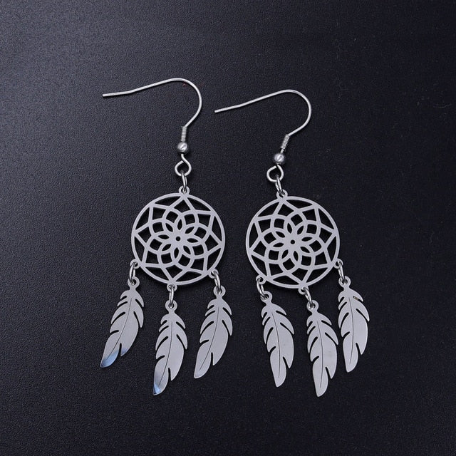 Bohemia Fashion Dream Catcher Drop Earring for Women Wholesale 100% Stainless Steel Boho Feather Lotus  Jewelry Dropshipping