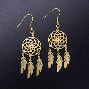 Bohemia Fashion Dream Catcher Drop Earring for Women Wholesale 100% Stainless Steel Boho Feather Lotus  Jewelry Dropshipping