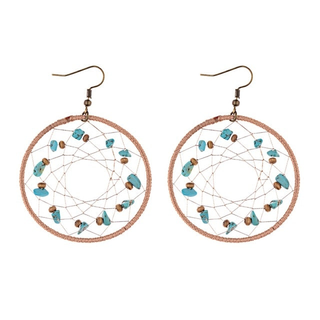 TopHanqi Bohemian Dream Catcher Earrings For Women Handmade Vintage Round Circle Bronze Drop Earring female Indian Jewelry 2018