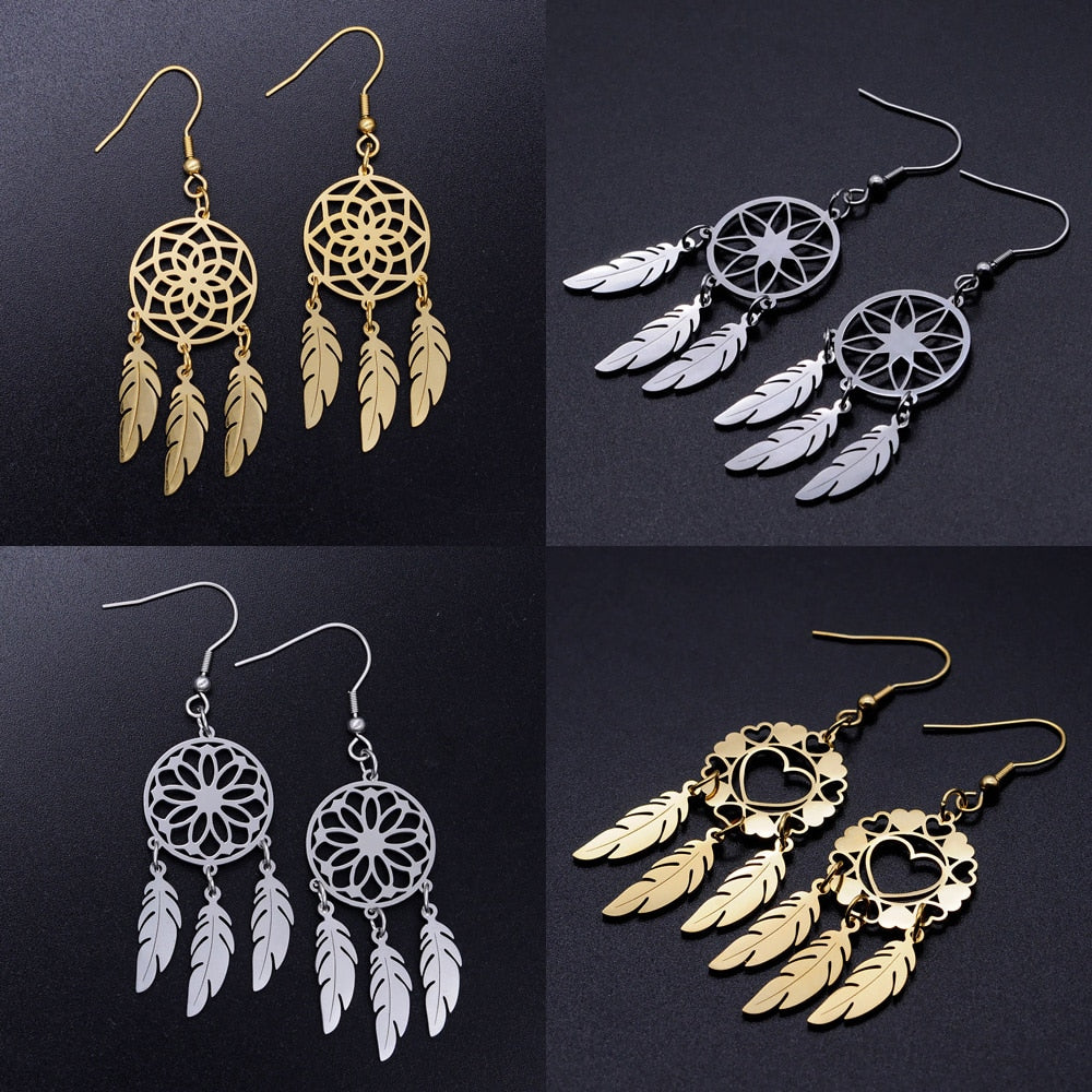 LaVixMia Authentic Stainless Steel Bohemia Jewelry Dream Catcher Earring Wholesale Female Feather Lotus Earrings Dropshipping