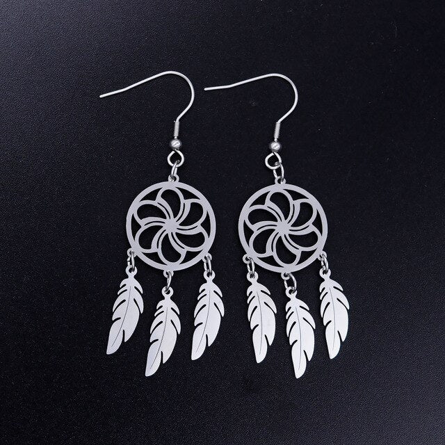 LaVixMia Authentic Stainless Steel Bohemia Jewelry Dream Catcher Earring Wholesale Female Feather Lotus Earrings Dropshipping