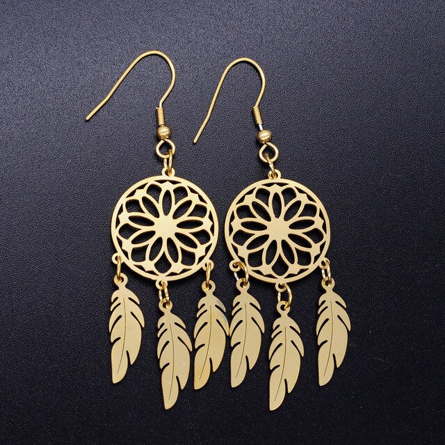 LaVixMia Authentic Stainless Steel Bohemia Jewelry Dream Catcher Earring Wholesale Female Feather Lotus Earrings Dropshipping