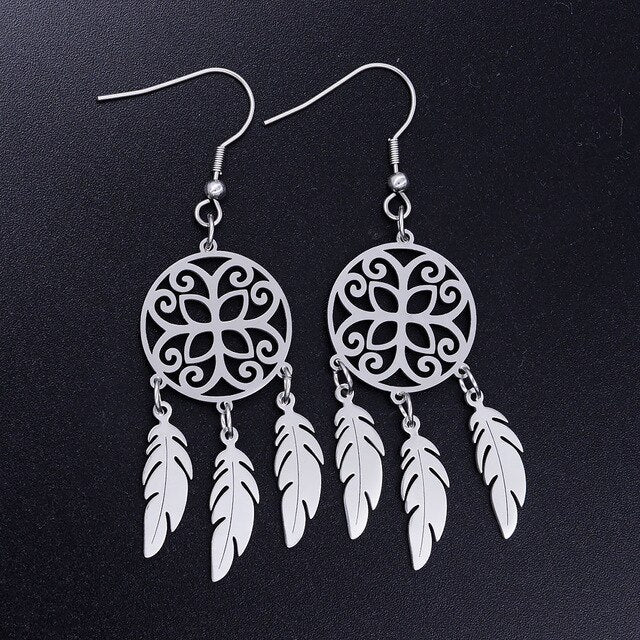 LaVixMia Authentic Stainless Steel Bohemia Jewelry Dream Catcher Earring Wholesale Female Feather Lotus Earrings Dropshipping