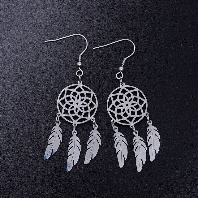 LaVixMia Authentic Stainless Steel Bohemia Jewelry Dream Catcher Earring Wholesale Female Feather Lotus Earrings Dropshipping