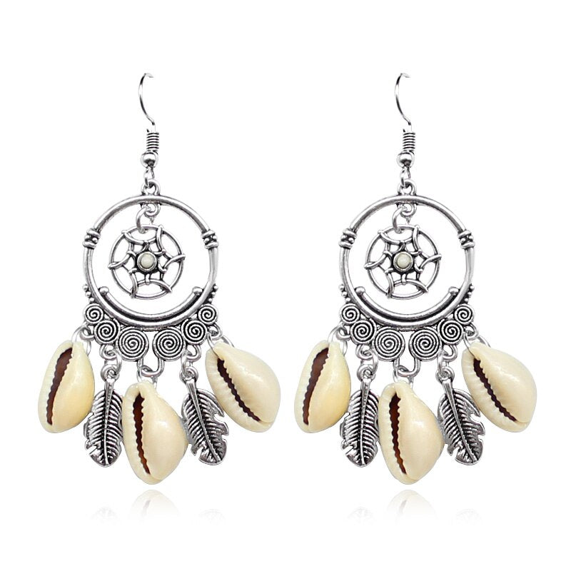 Classic Dream Catcher Earrings Antique Stone Dreamcatcher Shell Leaves Tassel Earrings Ethnic Style Personalized Jewelry