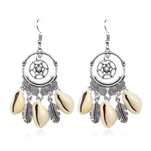 Classic Dream Catcher Earrings Antique Stone Dreamcatcher Shell Leaves Tassel Earrings Ethnic Style Personalized Jewelry