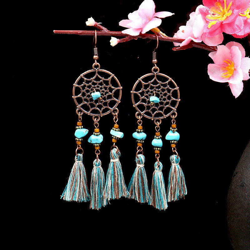 Women Fashionable Temperament Earrings Geometric Hollow Circular Dream Catcher Earrings Colorful Long Fringe Earrings Jewelry